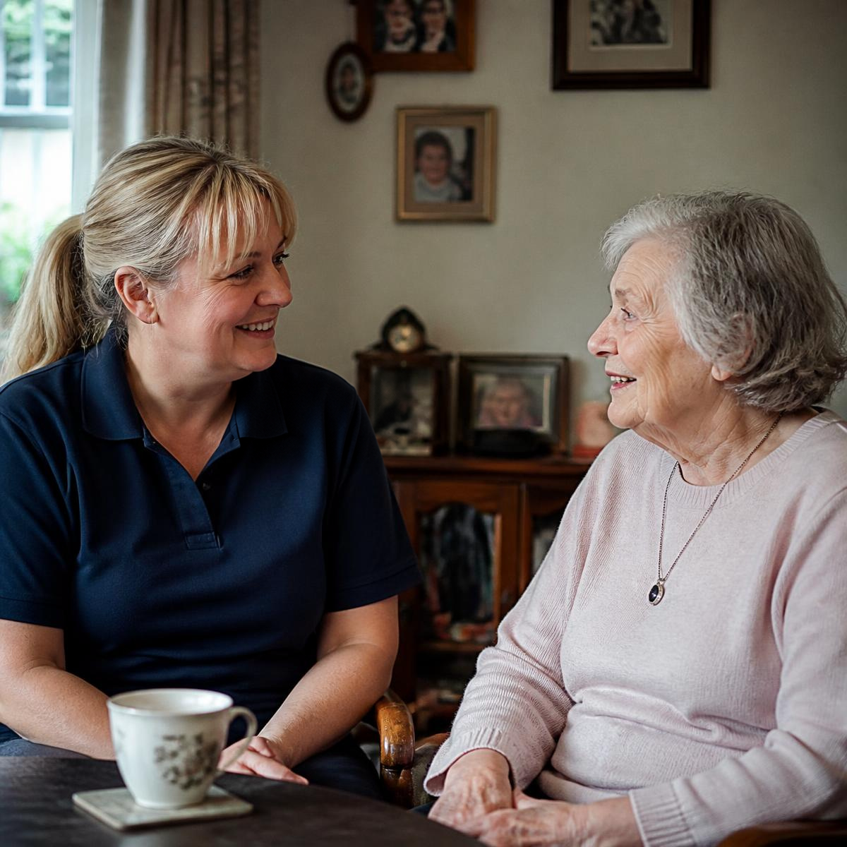 A care worker sitting and talking with an older woman in her own living room